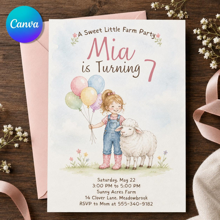 Watercolor Pastel Farm Girl 7th Birthday Invitation