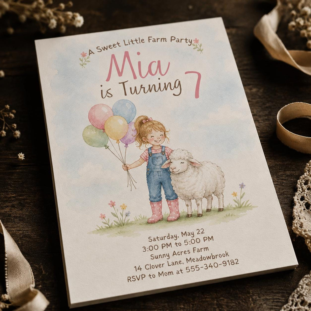 Watercolor Pastel Farm Girl 7th Birthday Invitation — 7th birthday party stationery by VoltBy