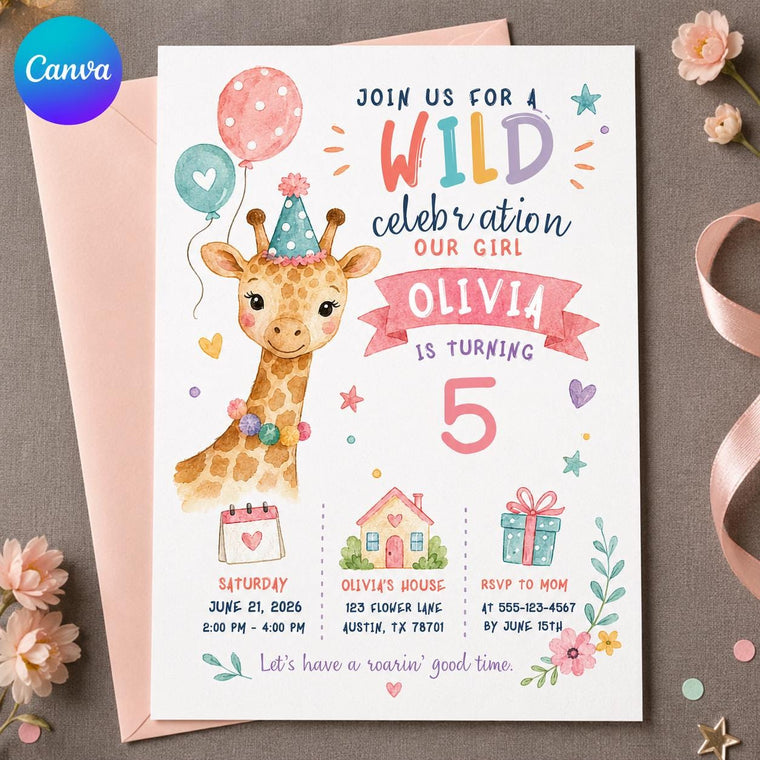 Watercolor Pastel Giraffe Birthday Invitation for Girls