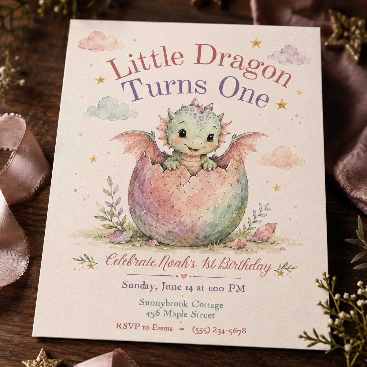 Watercolor Pastel Little Dragon First Birthday Invitation — first birthday stationery by VoltBy