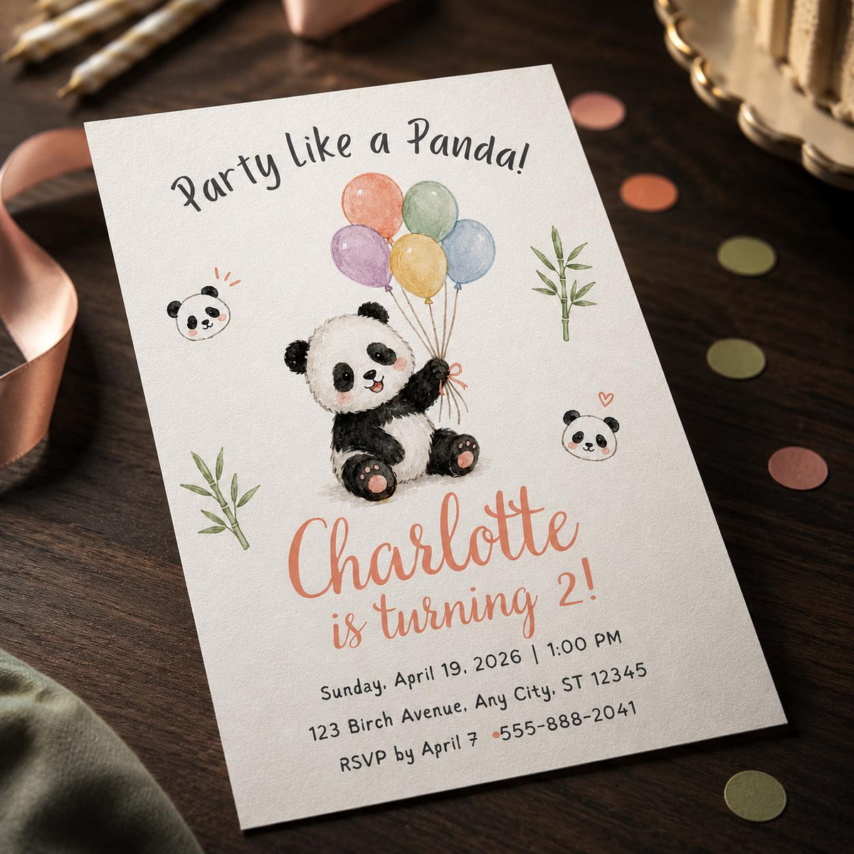 Watercolor Pastel Panda 2nd Birthday Invitation for Girls — 2nd birthday party stationery by VoltBy
