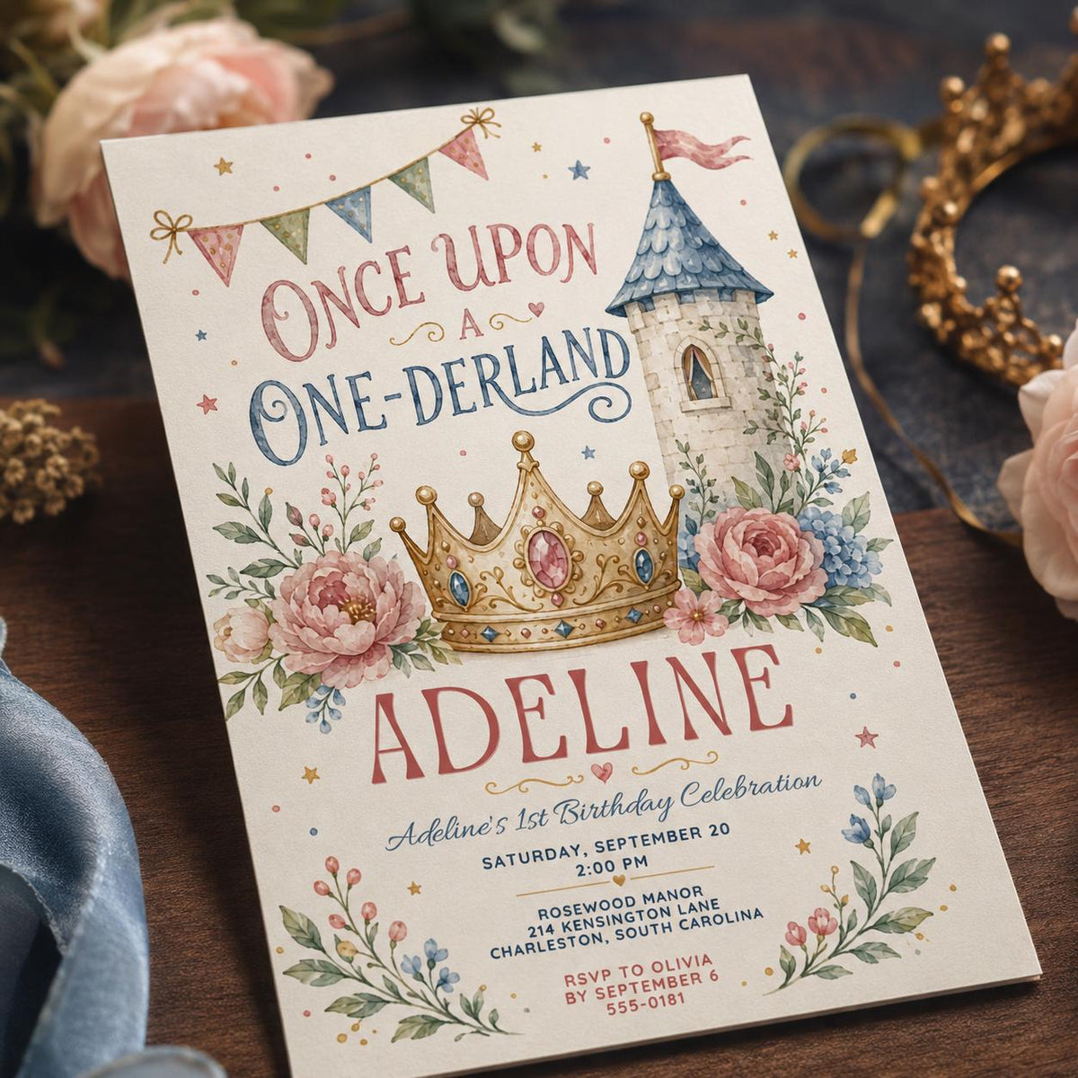 Watercolor Pastel Princess 1st Birthday Invitation — digital invitation, instant download