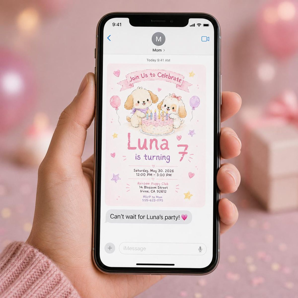 Watercolor Pastel Puppy 7th Birthday Invitation for Girls — 7th birthday party stationery by VoltBy