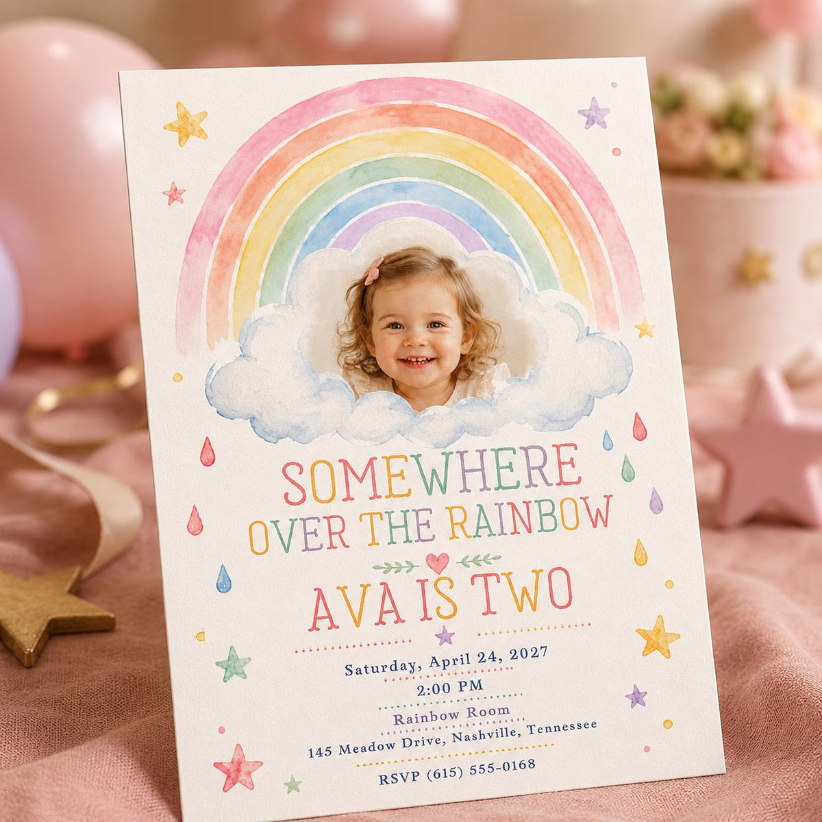 Watercolor Pastel Rainbow 2nd Birthday Invitation for Girls — 2nd birthday party stationery by VoltBy