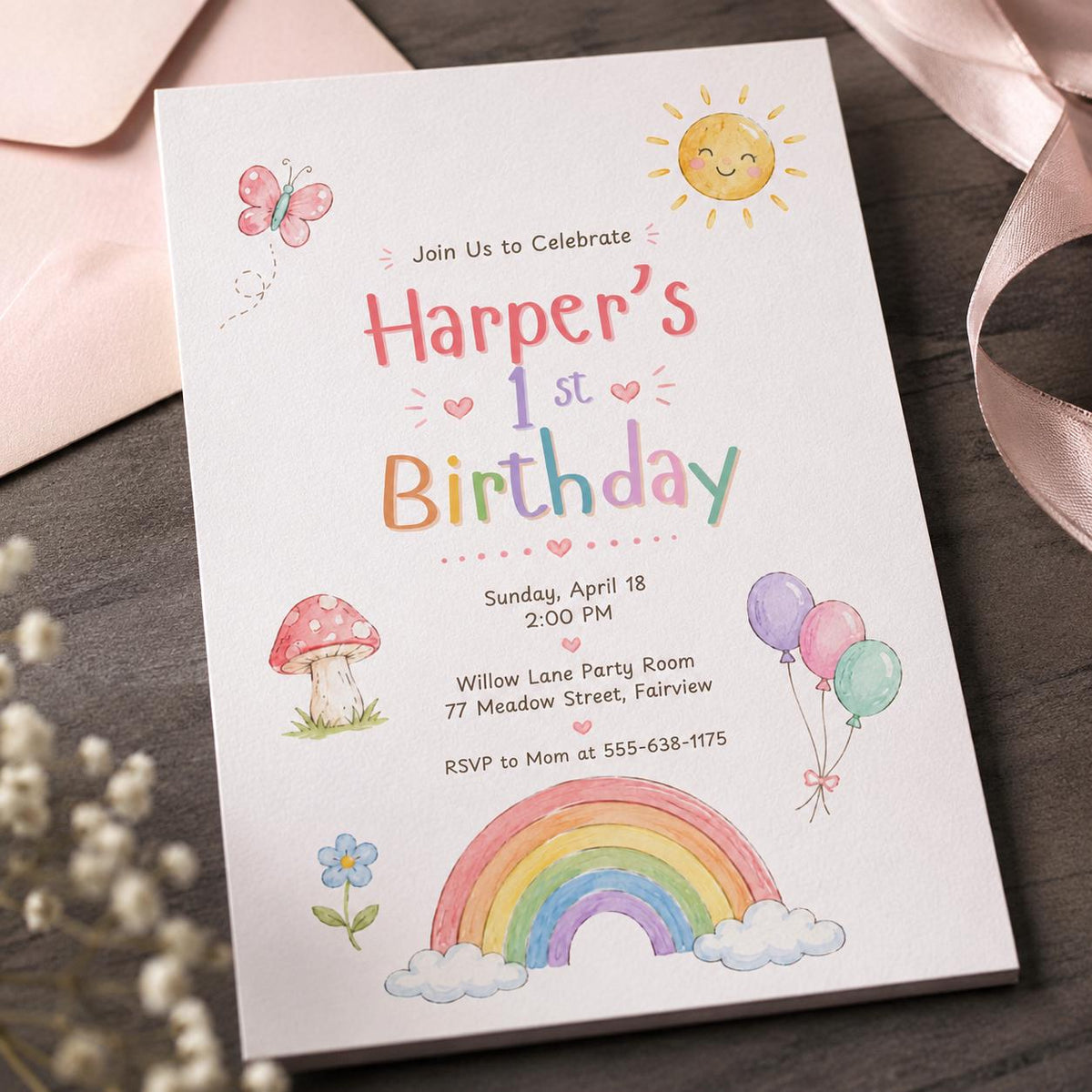 Watercolor Pastel Rainbow First Birthday Invitation for Girls — first birthday stationery by VoltBy