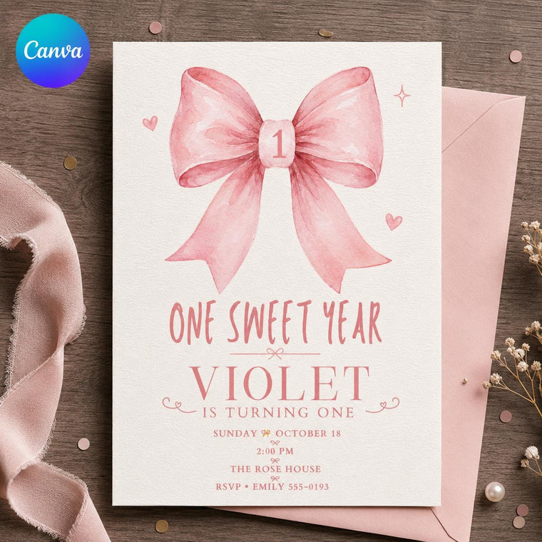 Watercolor Pink Bow 1st Birthday Invitation for Girls