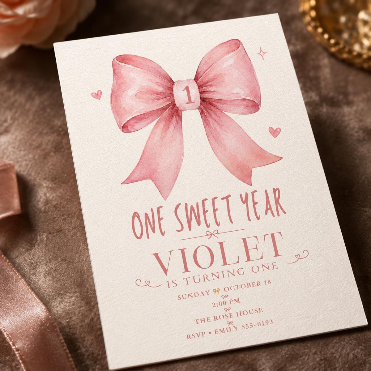 Watercolor Pink Bow 1st Birthday Invitation for Girls — first birthday stationery by VoltBy