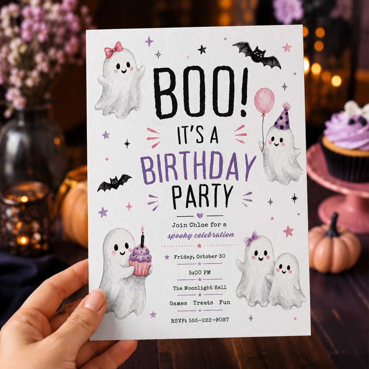Watercolor Pink Ghost Birthday Invitation for Girls — birthday party stationery by VoltBy