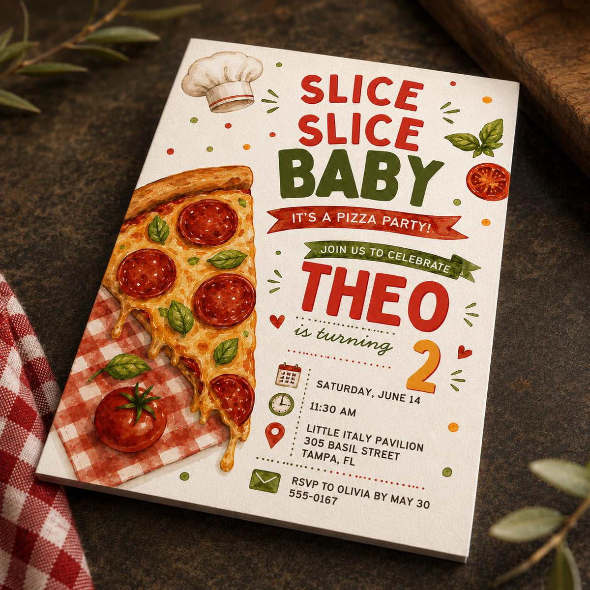 Watercolor Pizza 2nd Birthday Invitation — 2nd birthday party stationery by VoltBy
