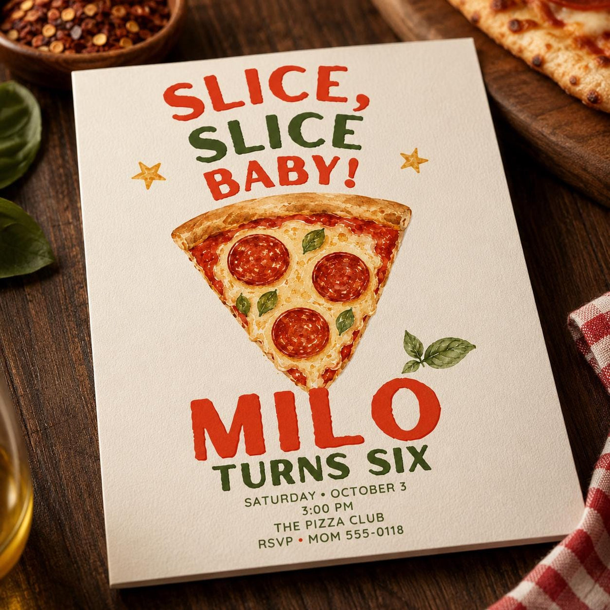Watercolor Pizza Birthday Invitation — birthday party stationery by VoltBy