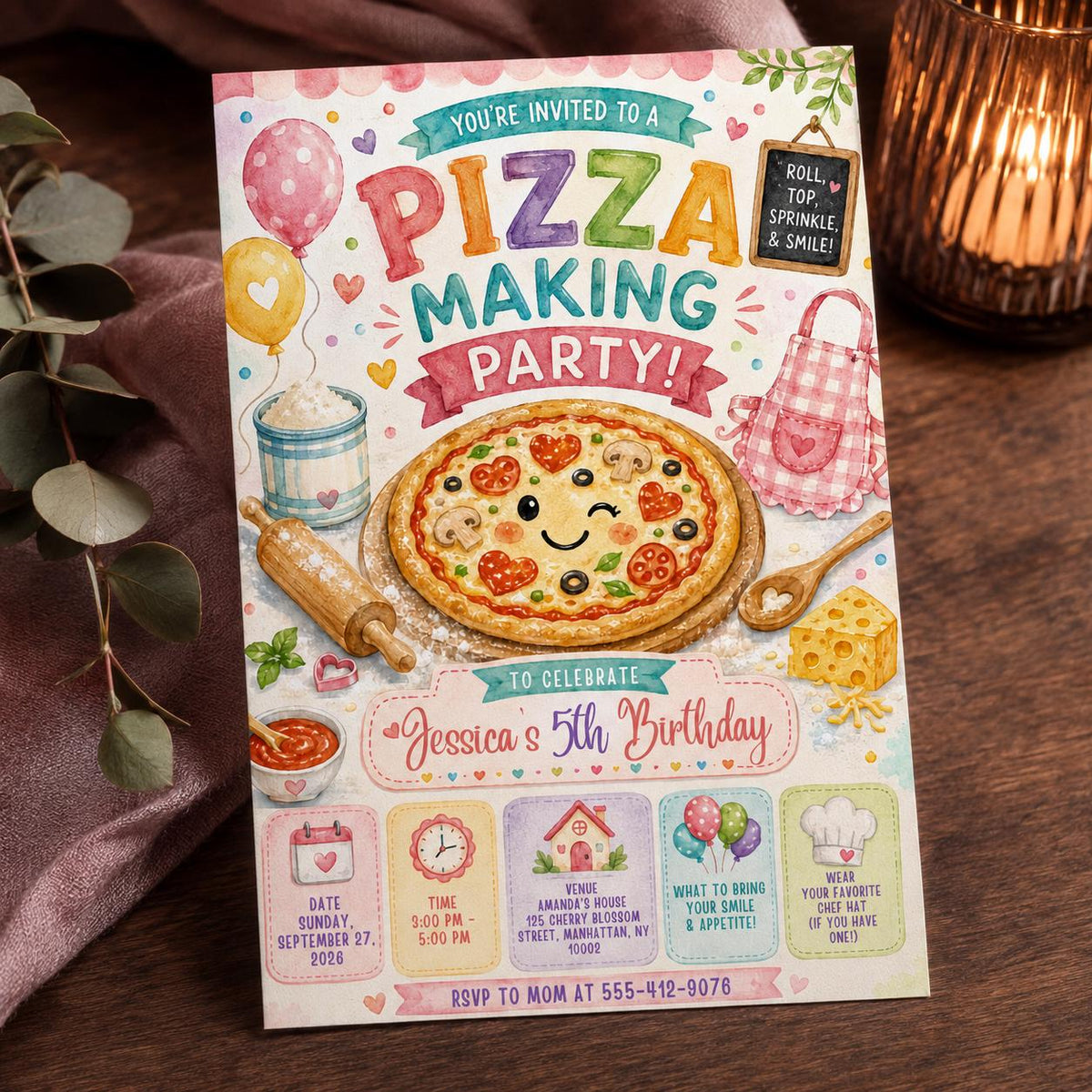 Watercolor Pizza Making 5th Birthday Invitation — 5th birthday party stationery by VoltBy