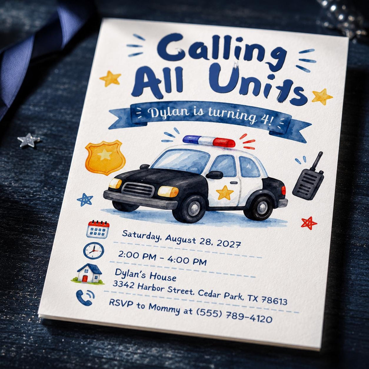 Watercolor Police 4th Birthday Invitation — 4th birthday party stationery by VoltBy