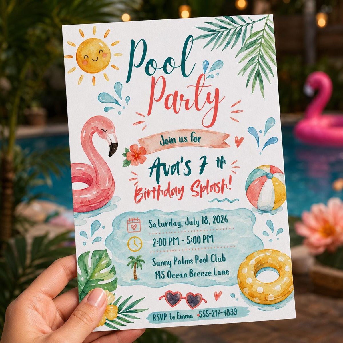 Watercolor Pool Party 7th Birthday Invitation for Girls — digital invitation, instant download