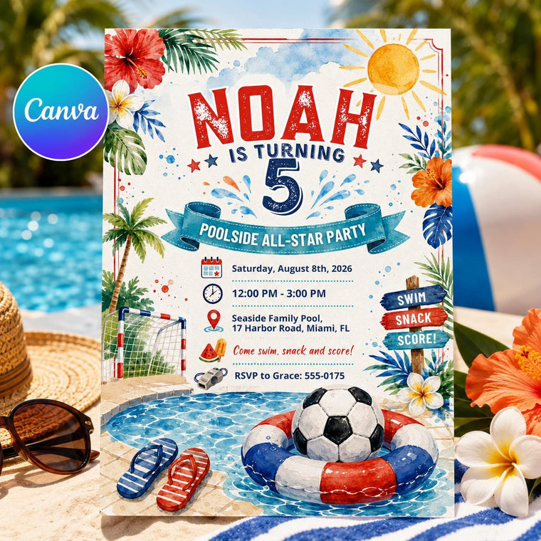 Watercolor Poolside All Star 5th Birthday Invitation for Boys