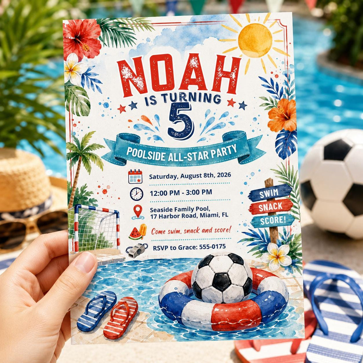 Watercolor Poolside All Star 5th Birthday Invitation for Boys — digital invitation, instant download