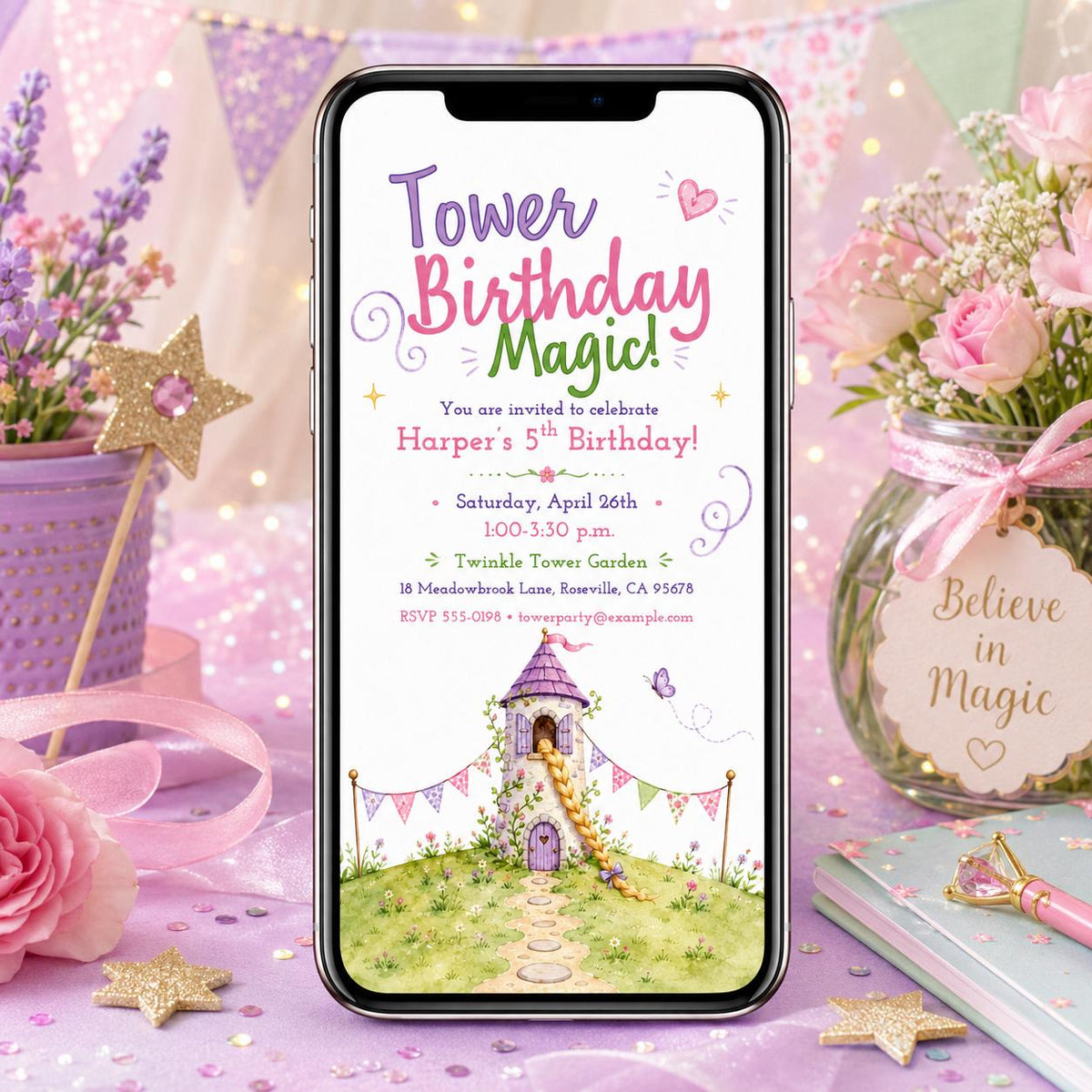Watercolor Princess Tower 5th Birthday Invitation for Girls — digital invitation, instant download