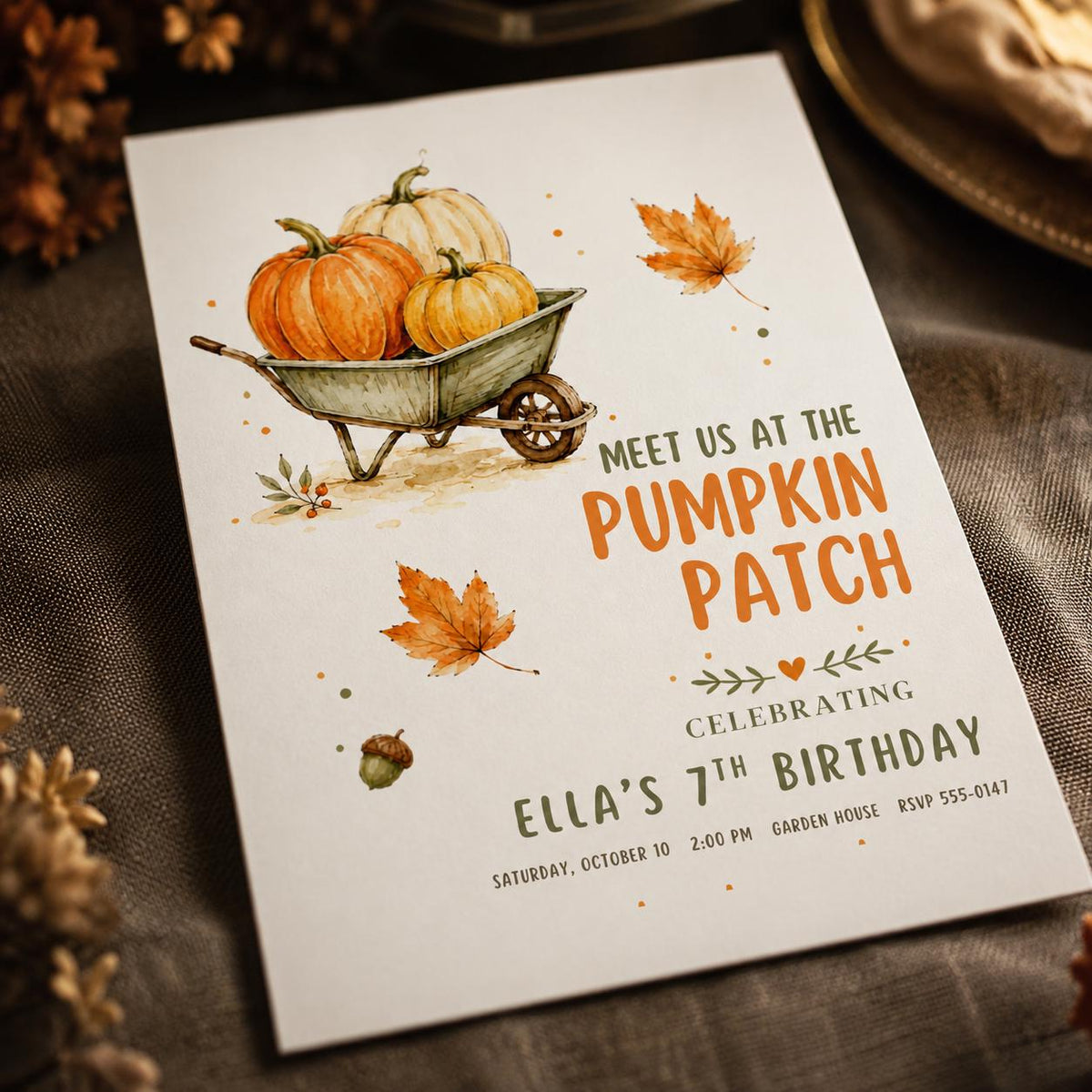 Watercolor Pumpkin Patch 7th Birthday Invitation — 7th birthday party stationery by VoltBy
