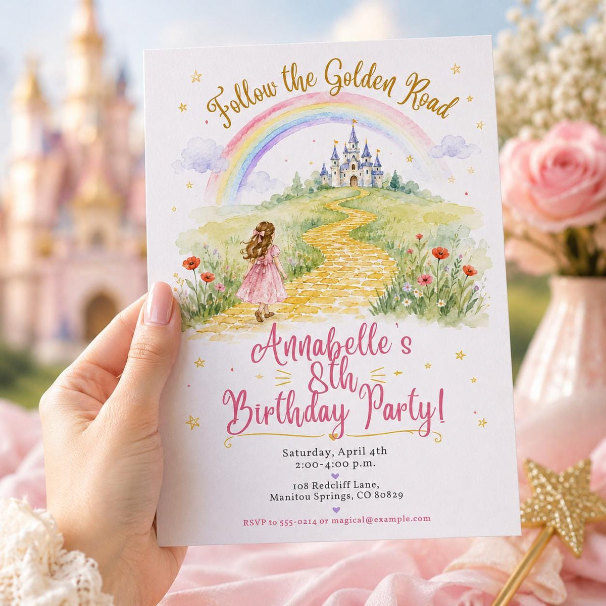 Watercolor Rainbow Castle 8th Birthday Invitation for Girls — digital invitation, instant download