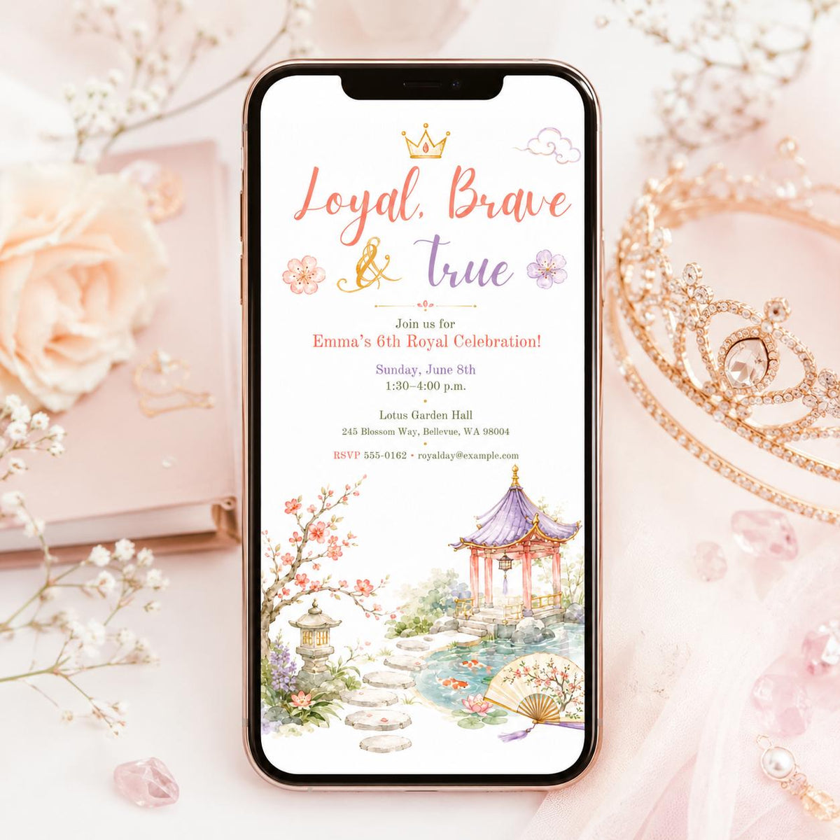 Watercolor Royal Celebration Invitation for Girls — digital invitation, instant download