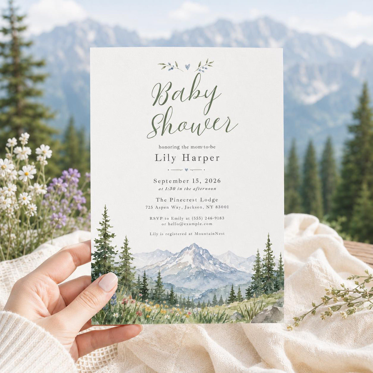 Watercolor Rustic Mountain Baby Shower Invitation — digital invitation, instant download