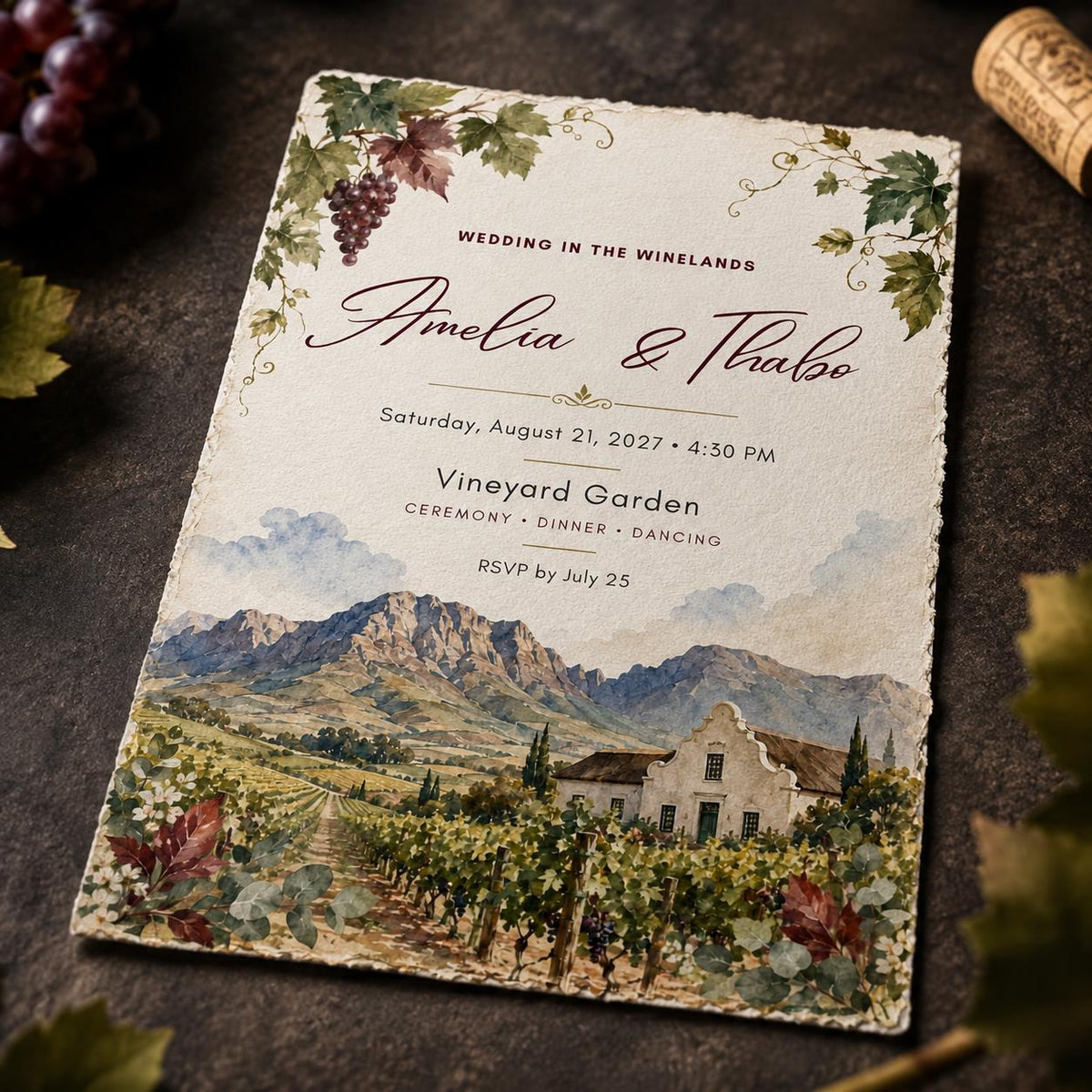 Watercolor Rustic Vineyard Wedding Invitation — digital invitation, instant download