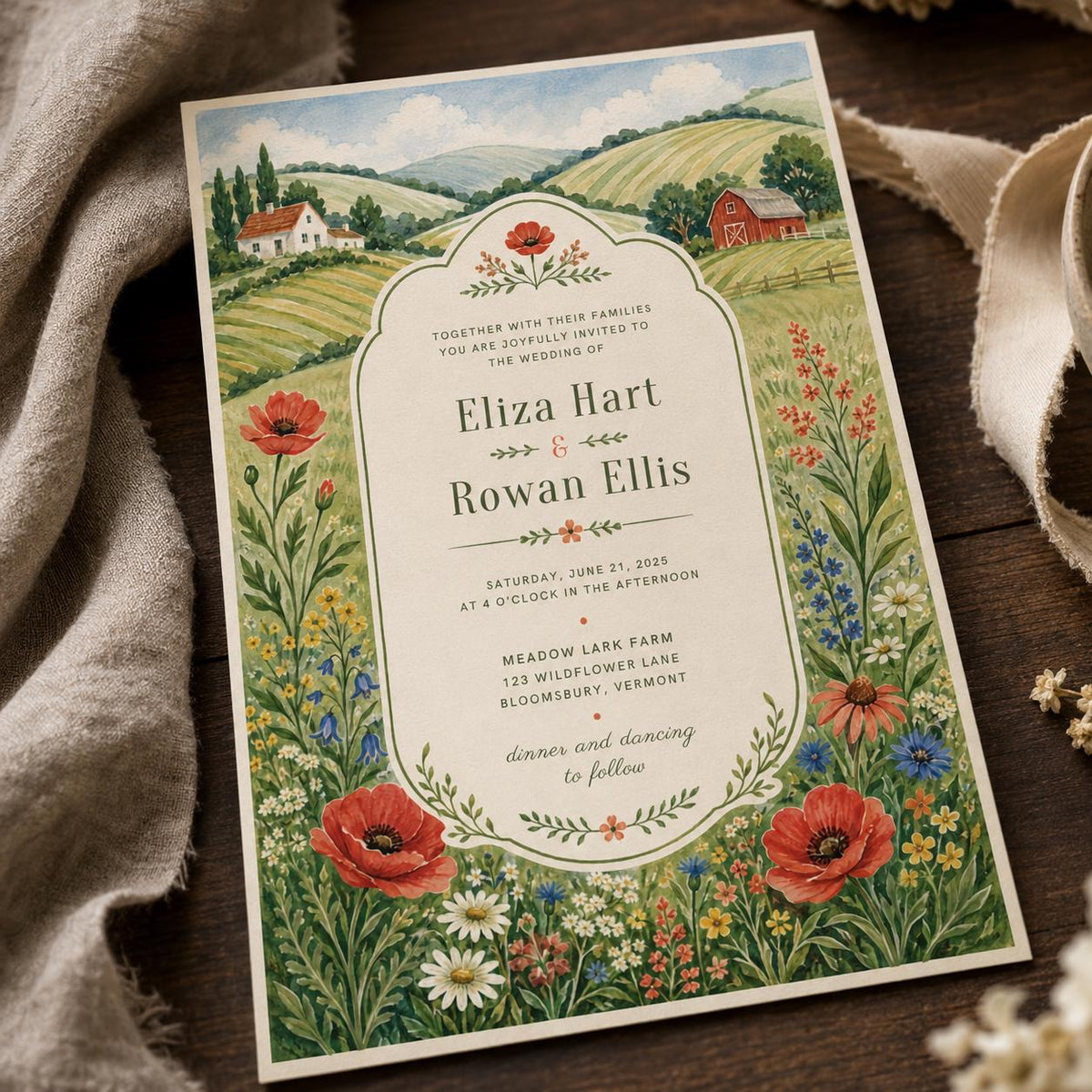 Watercolor Rustic Wildflower Wedding Invitation — print-ready wedding design from VoltBy