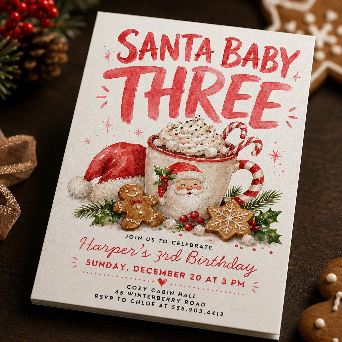 Watercolor Santa Baby Three Christmas 3rd Birthday Invitation — 3rd birthday party stationery by VoltBy
