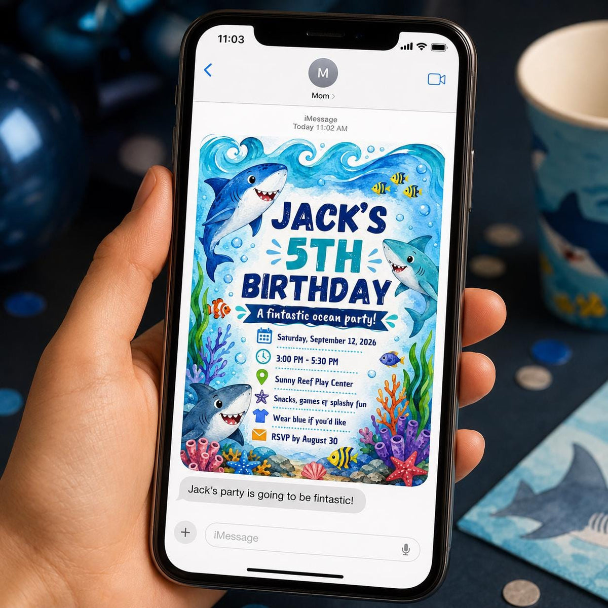 Watercolor Shark 5th Birthday Invitation for Boys — digital invitation, instant download