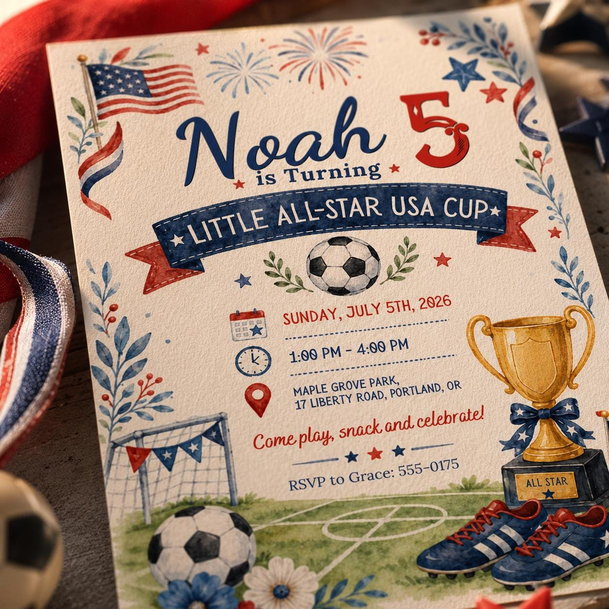 Watercolor Soccer 5th Birthday Invitation — digital invitation, instant download