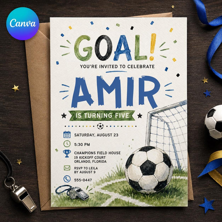 Watercolor Soccer 5th Birthday Invitation for Boy