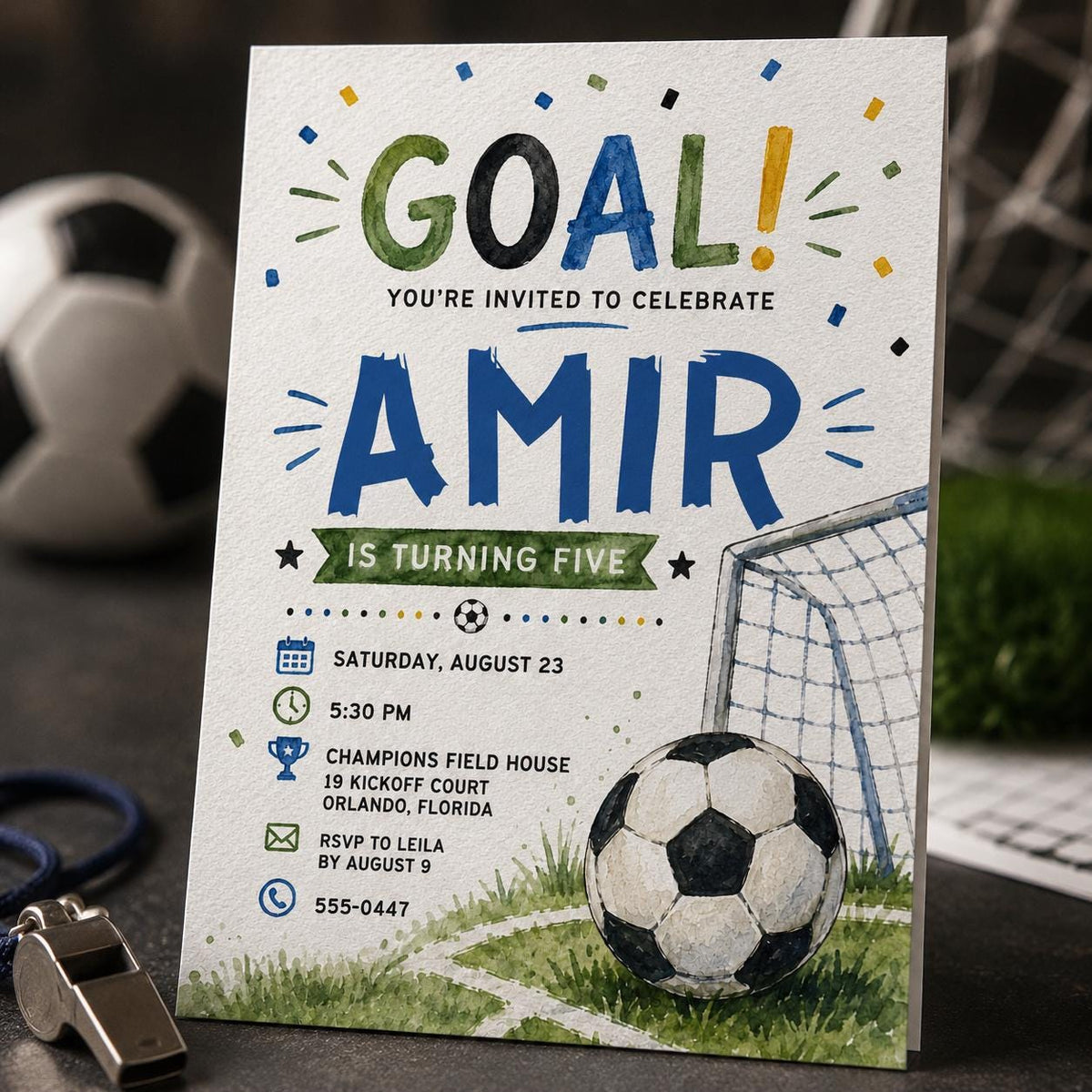 Watercolor Soccer 5th Birthday Invitation for Boy — digital invitation, instant download