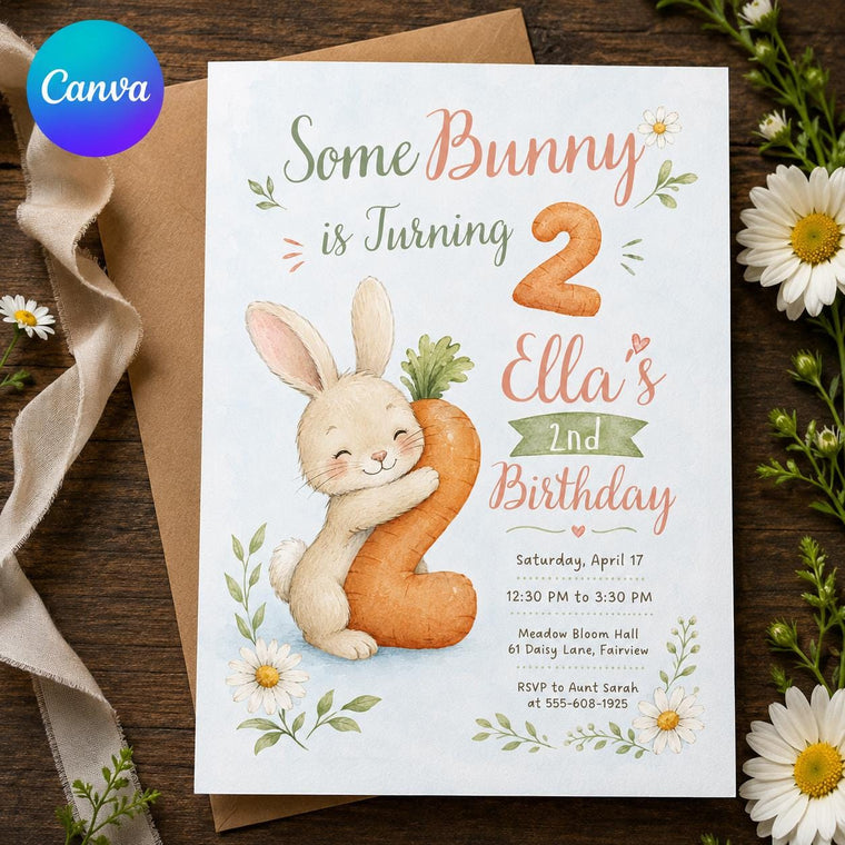 Watercolor Some Bunny Is Two Birthday Invitation for Girls