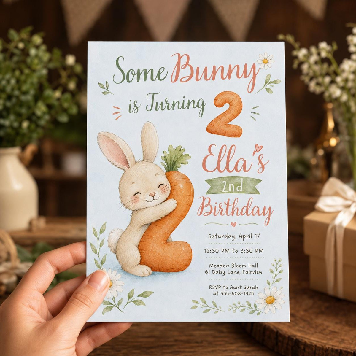 Watercolor Some Bunny Is Two Birthday Invitation for Girls — digital invitation, instant download