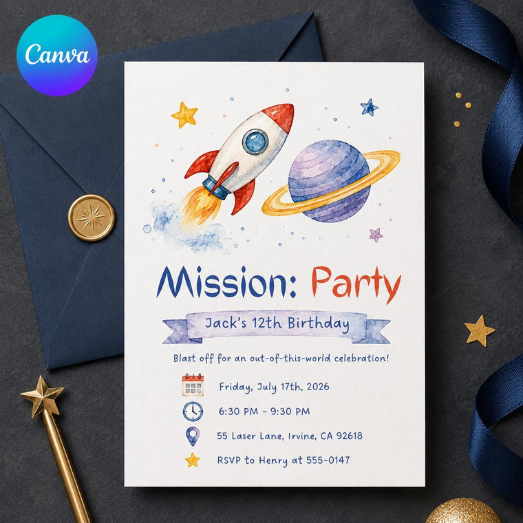 Watercolor Space 12th Birthday Invitation