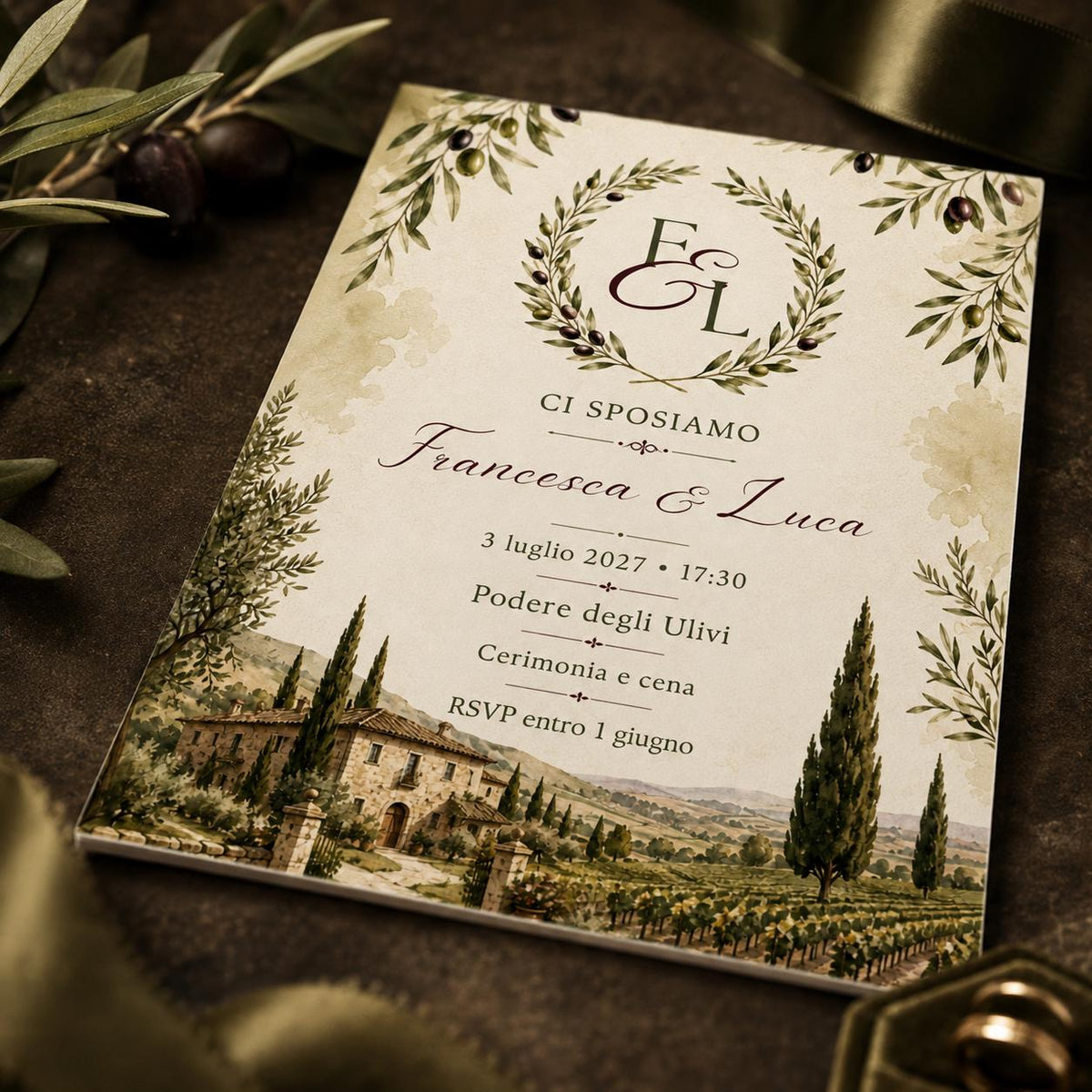 Watercolor Tuscany Wedding Invitation — digital invitation, instant download