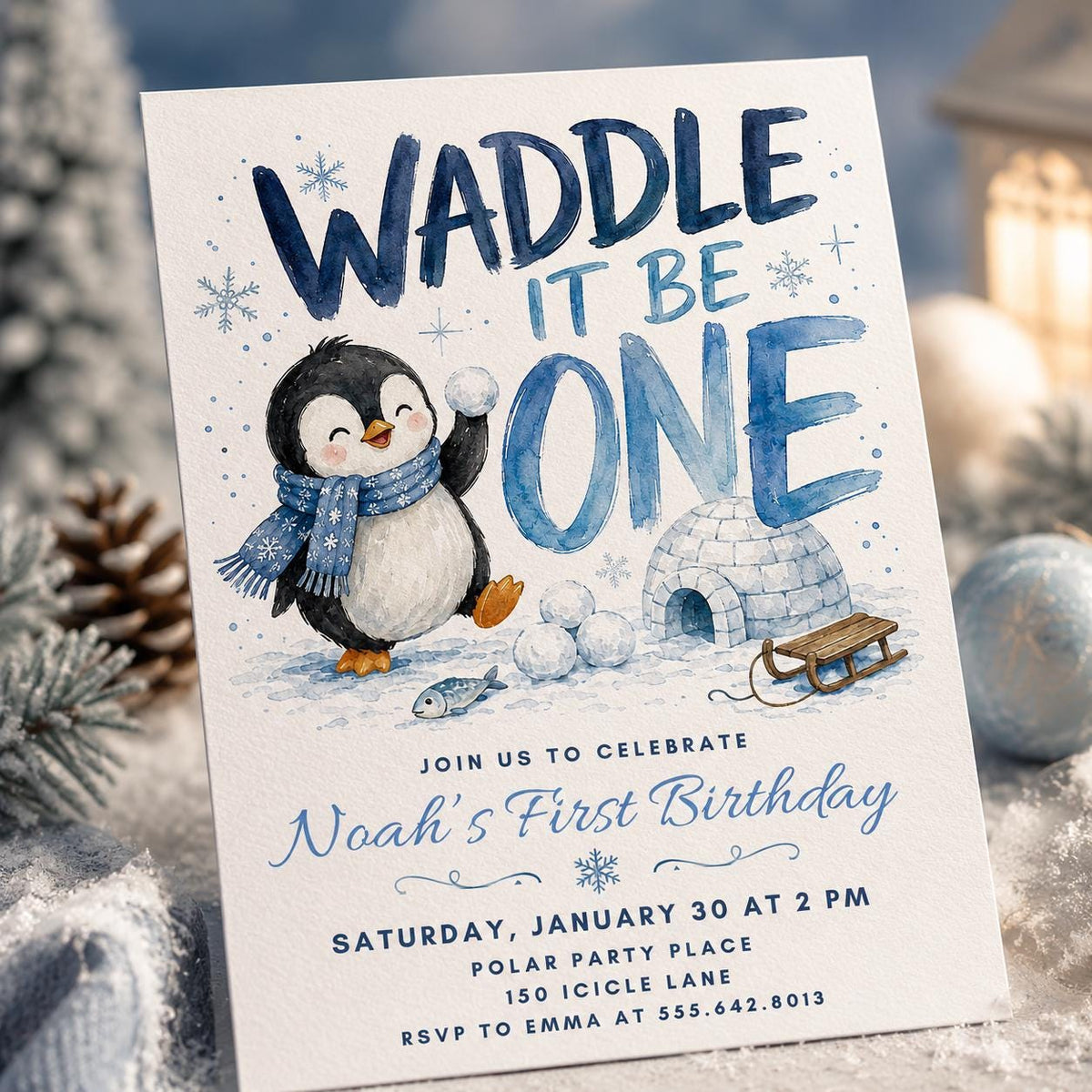 Watercolor Waddle It Be One Birthday Invitation — digital invitation, instant download