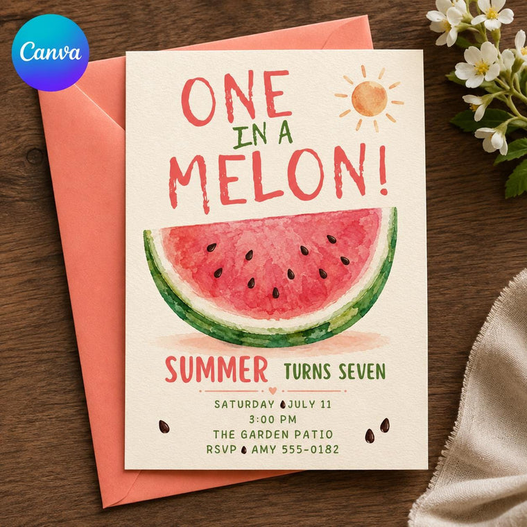 Watercolor Watermelon 7th Birthday Invitation