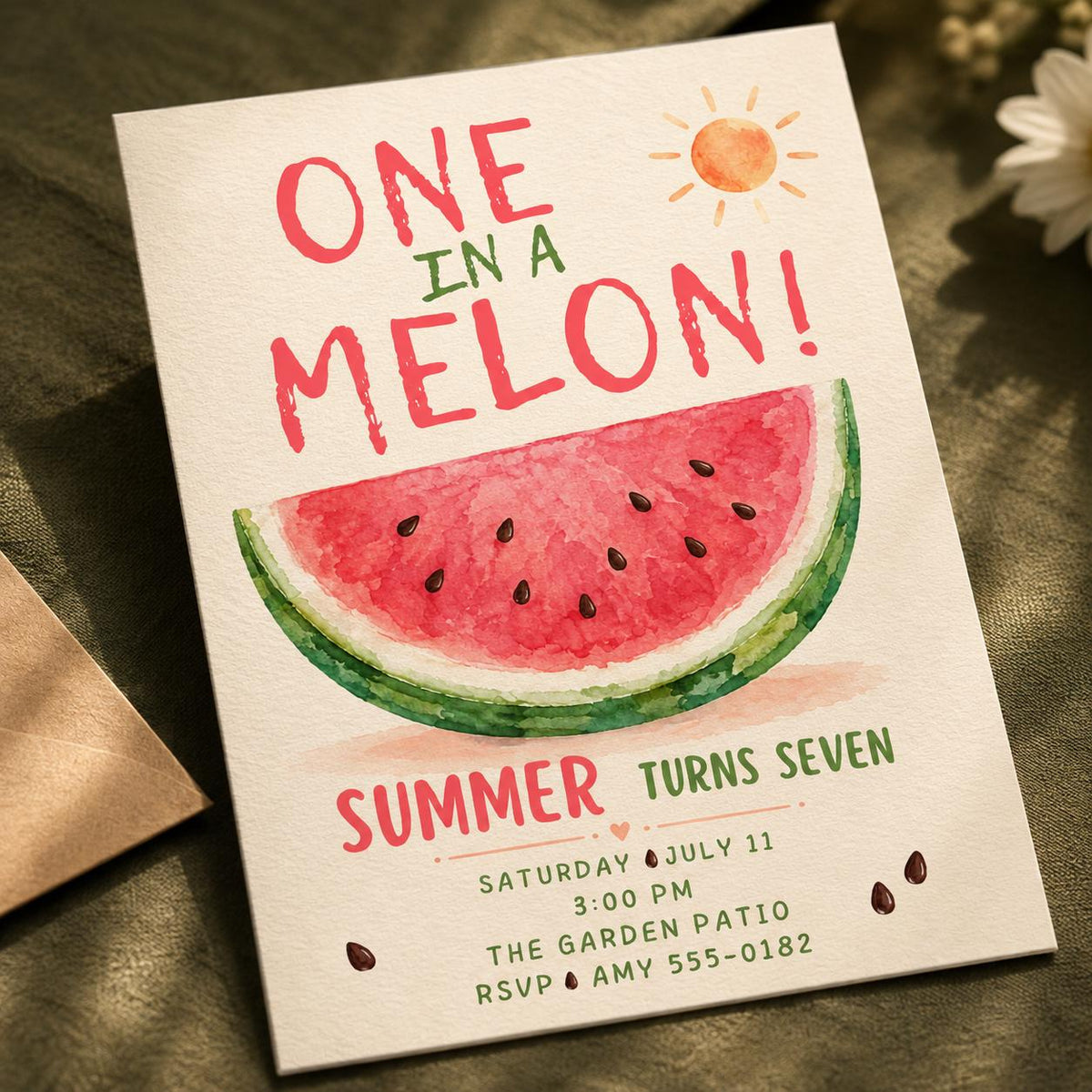 Watercolor Watermelon 7th Birthday Invitation — digital invitation, instant download
