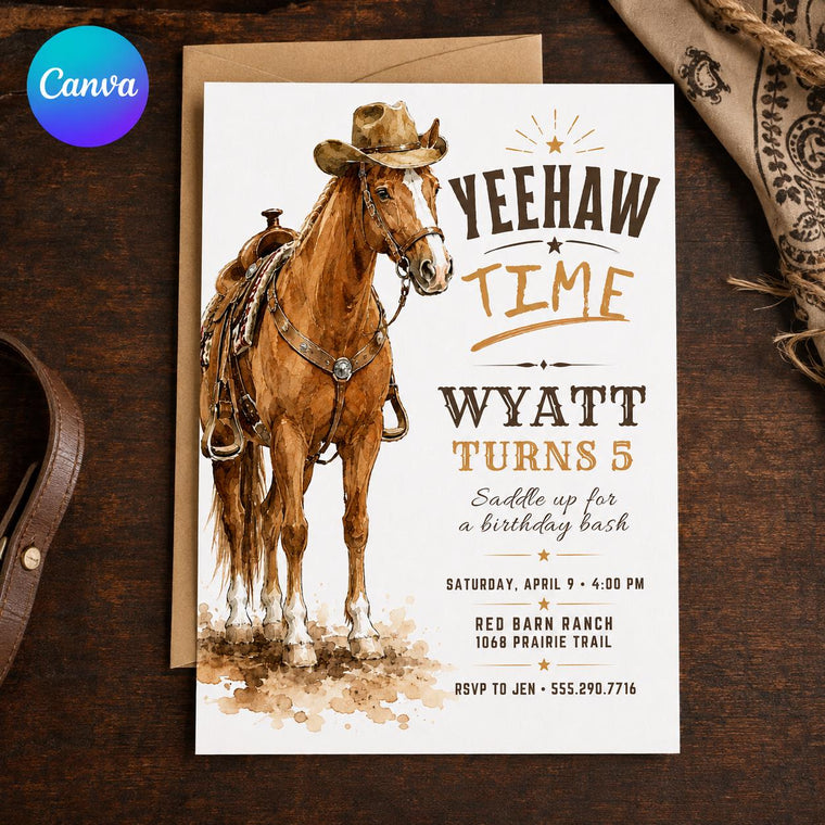 Watercolor Western Horse 5th Birthday Invitation