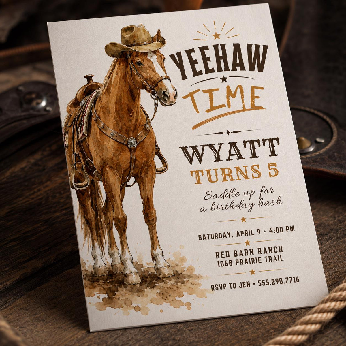 Watercolor Western Horse 5th Birthday Invitation — digital invitation, instant download