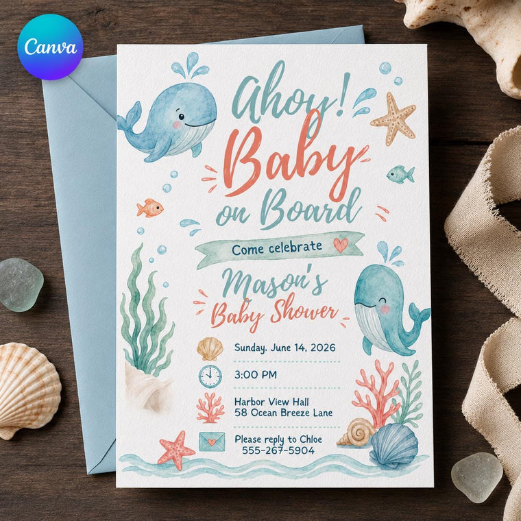 Watercolor Whale Baby Shower Invitation for Boys