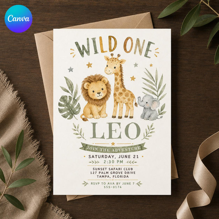 Watercolor Wild One First Birthday Invitation: Safari Jungle Animals