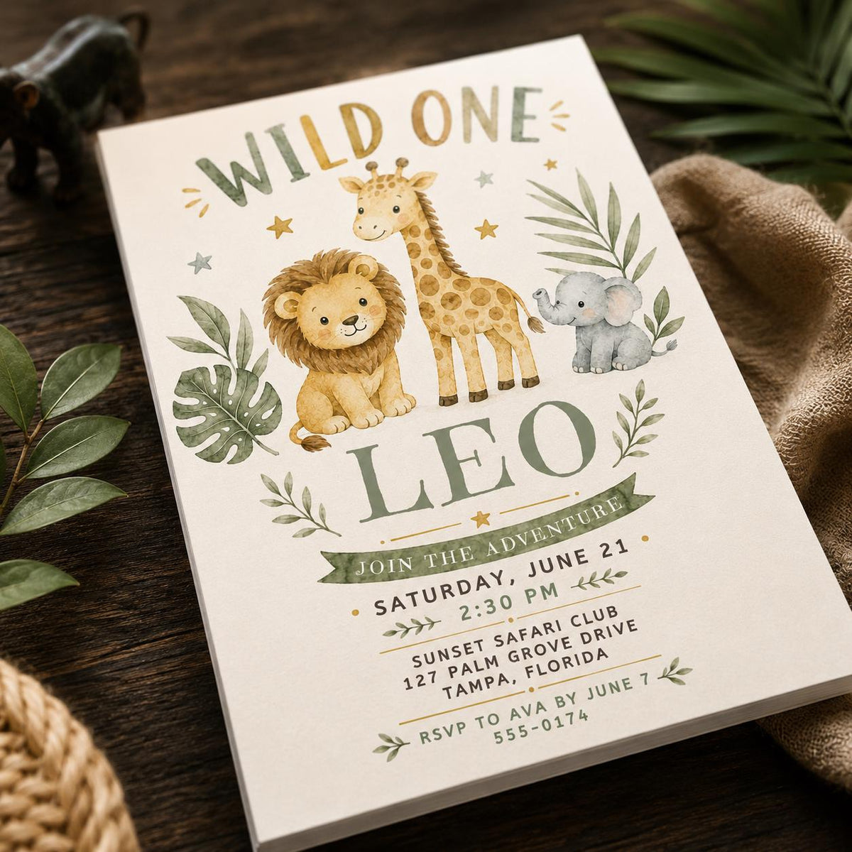 Watercolor Wild One First Birthday Invitation: Safari Jungle Animals — first birthday stationery by VoltBy