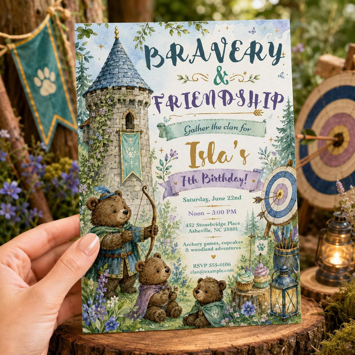 Watercolor Woodland Bear Birthday Invitation — digital invitation, instant download