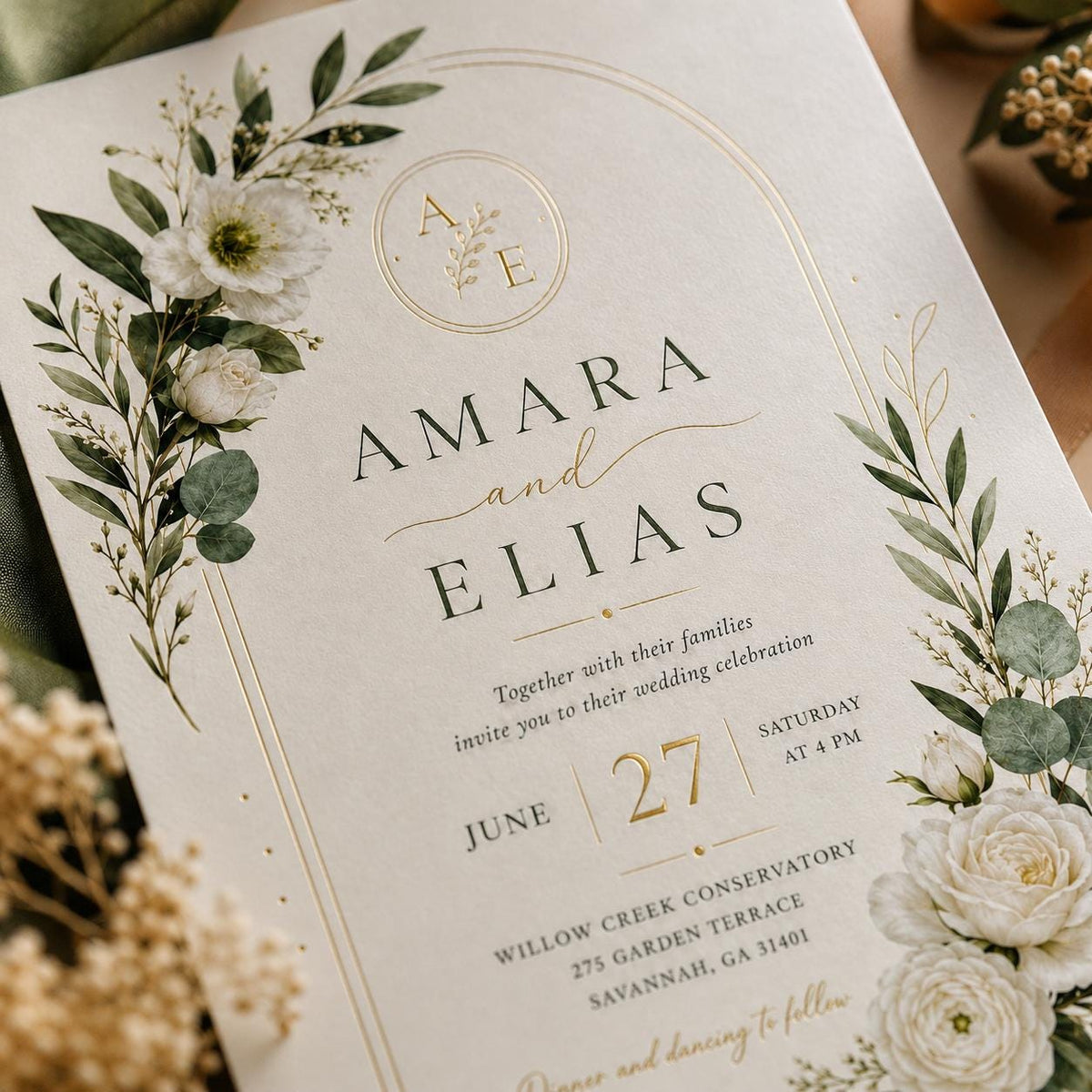 White Elegant Wedding Invitation — print-ready wedding design from VoltBy