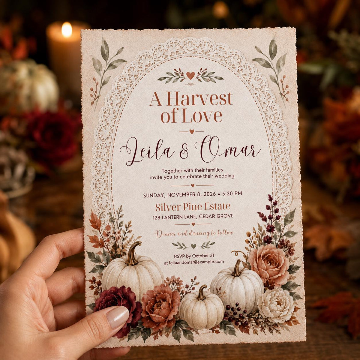 White Rustic Fall Wedding Invitation — print-ready wedding design from VoltBy