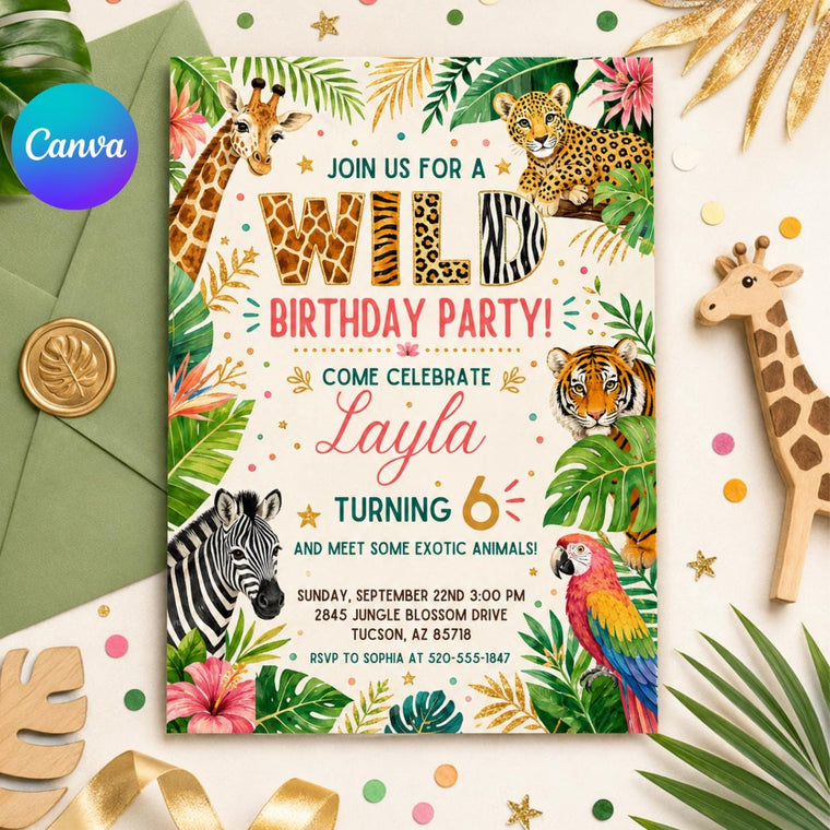 Wild Safari 6th Birthday Invitation with Animal Print Lettering