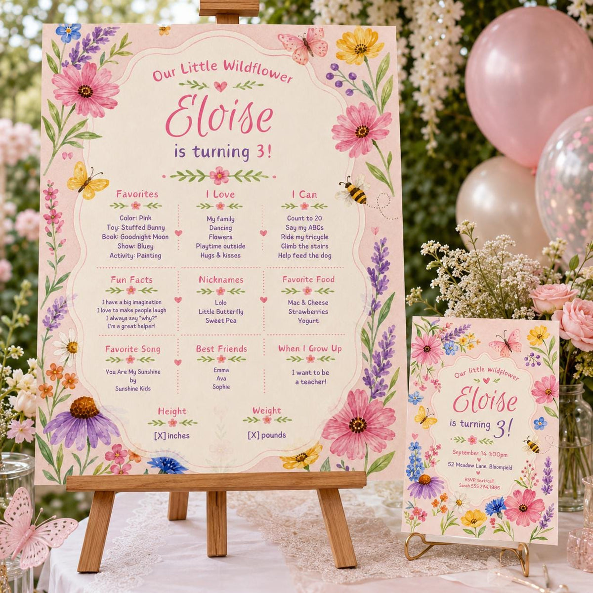 Wildflower 3rd Birthday Milestone Board — editable Canva template