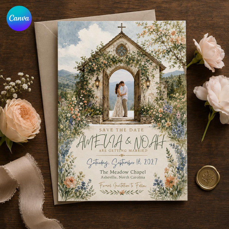 Wildflower Chapel Wedding Save the Date with Photo