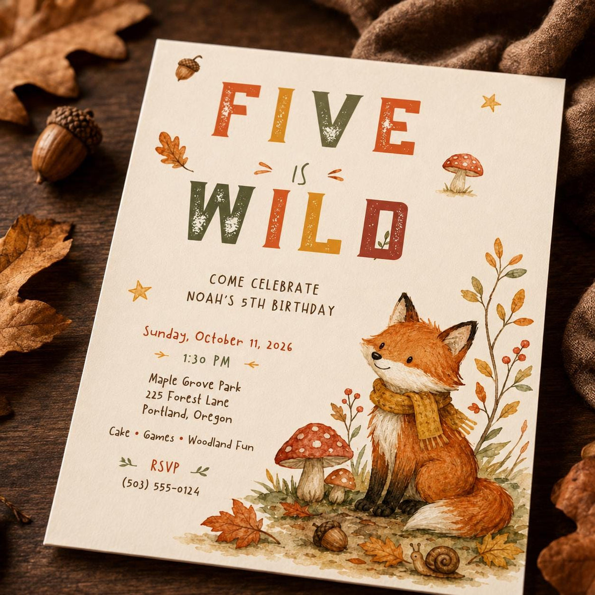 Woodland 5th Birthday Invitation — digital invitation, instant download